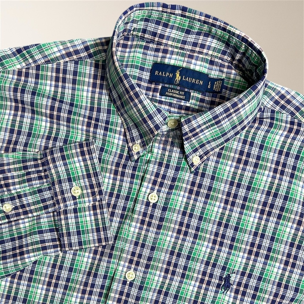 Ralph Lauren Mens L Classic‎ Fit Performance Blue Green Plaid Button Down Shirt